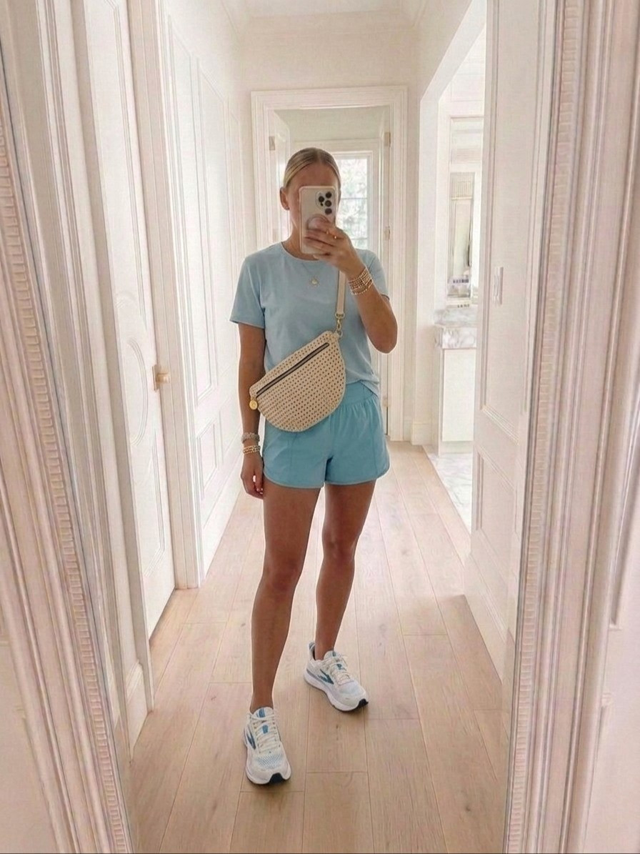 New lululemon sea foam color. Love crewneck in size 6, hotty shorts size 8 (I prefer a little looser fit). Clare V favorite grand fanny crossbody. Brooks.

#LTKmomlife #LTKOver40