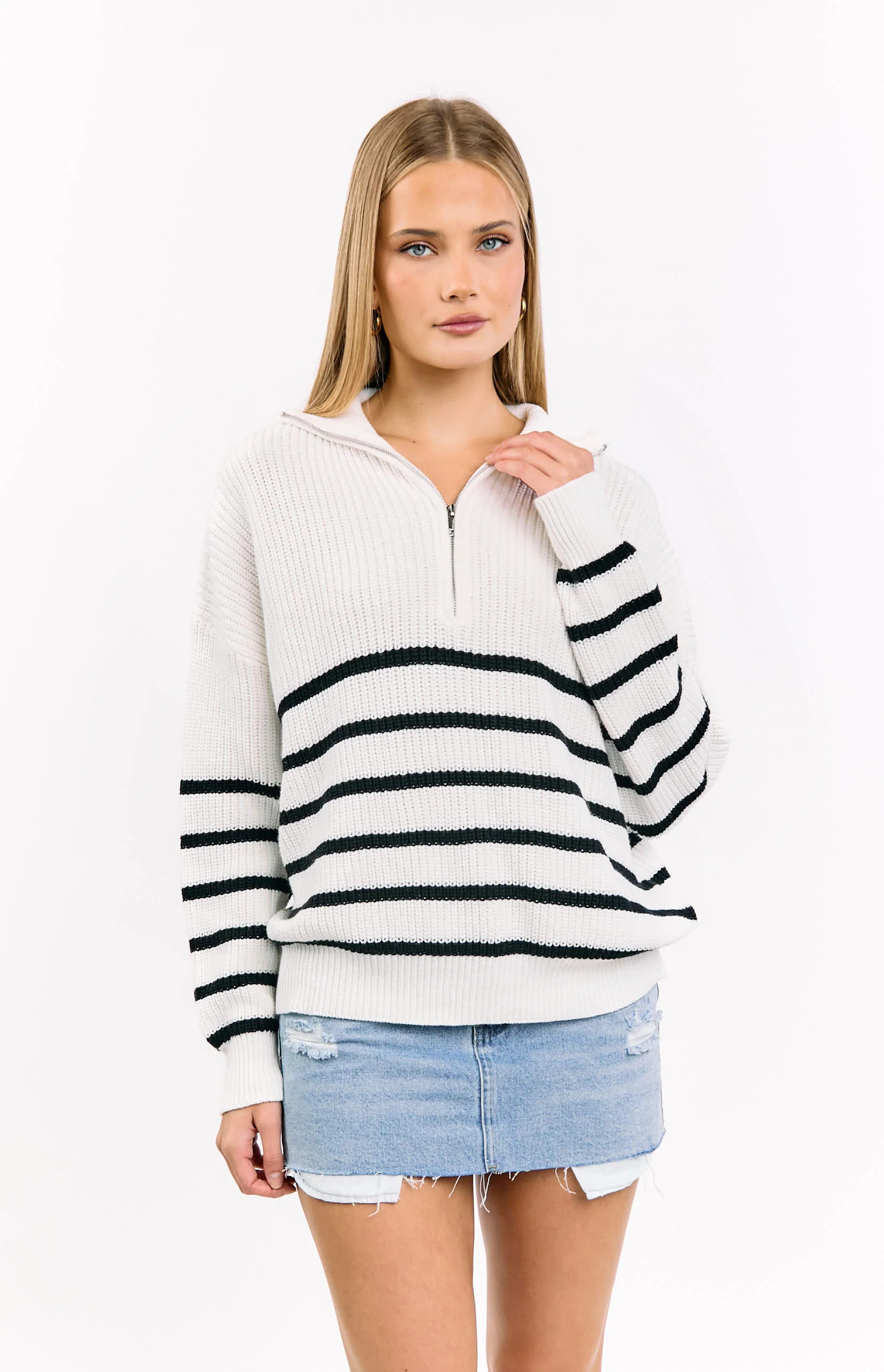Copenhagen Cream Stripe Quarter Zip Knit Jumper | Beginning Boutique (US)