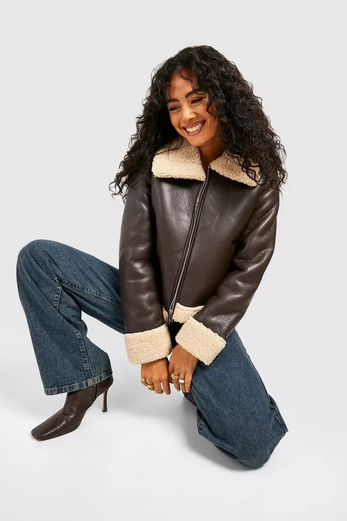 Teddy Trim Faux Leather Aviator Jacket | boohoo (US & Canada)