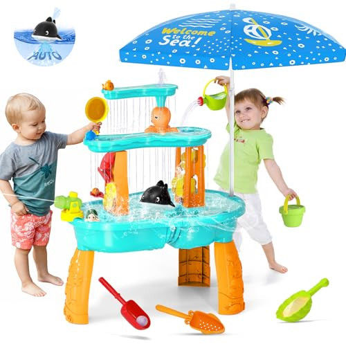 2025 Upgraded Water Table for Toddlers 3-5 4-8, 3-Tier Outdoor Water Tables with Umbrella, Kids Activity Play Table with Auto Electric Pump Summer Toys, Backyard Beach Water Toys for Boys Girls 3+ | Amazon (US)