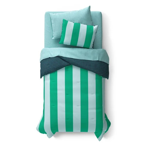 Mainstays Kids Green and Blue Stripe Reversible Comforter Set with Sheets, Twin, 5 Pieces | Walmart (US)