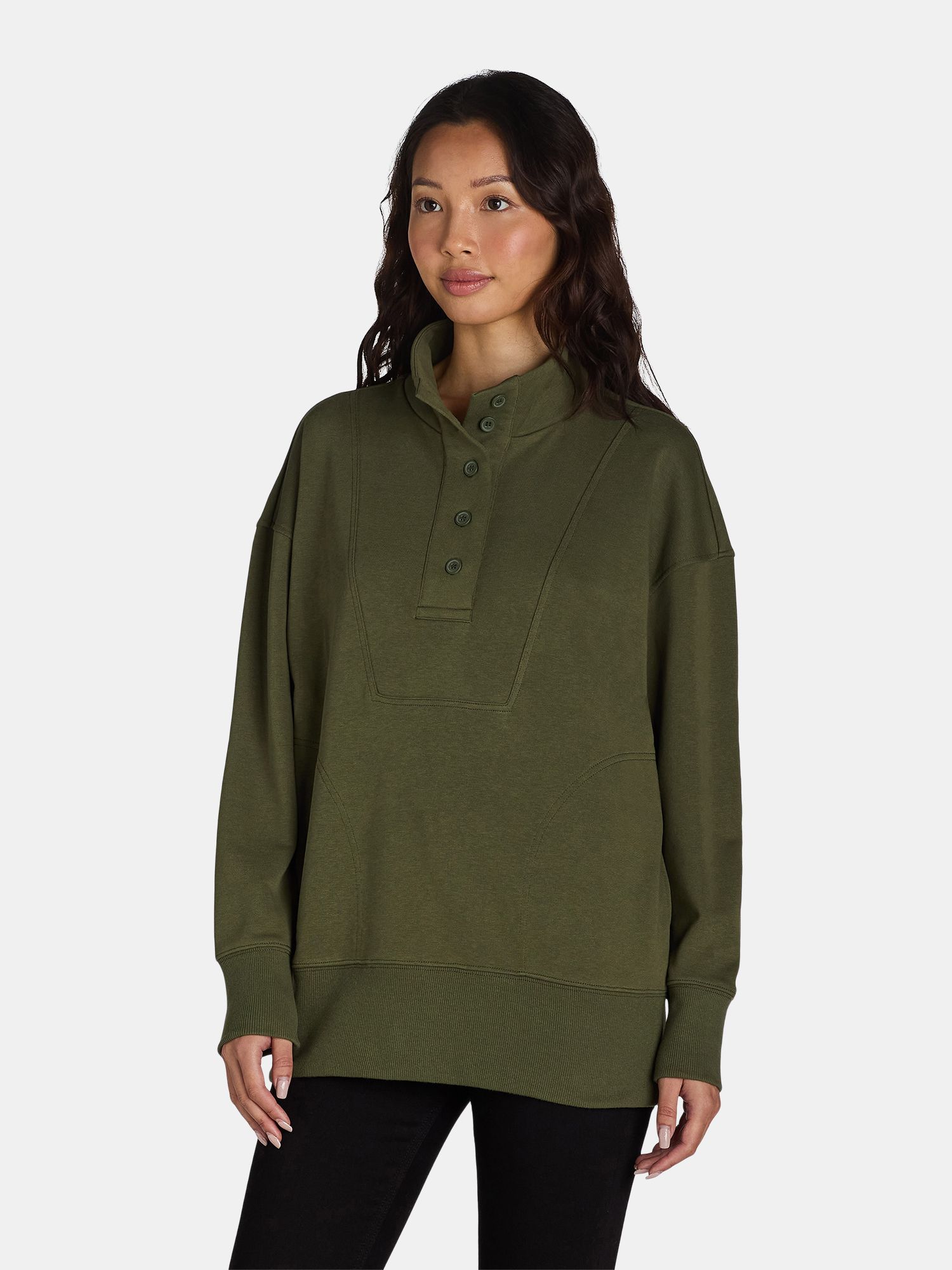 Time and Tru Women's Mock Neck Sweatshirt with Button Placket, Sizes XS-XXXL | Walmart (US)