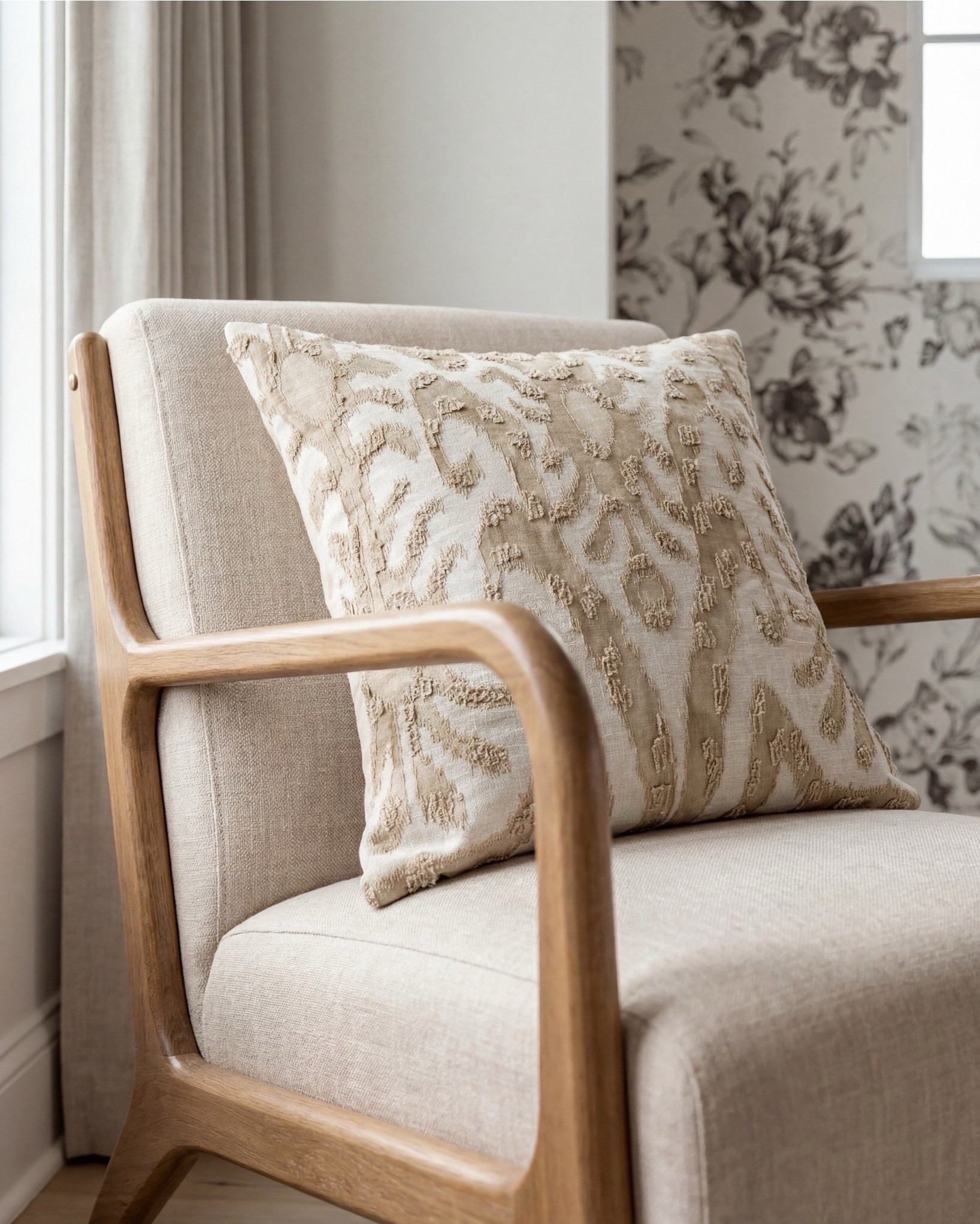 Shop the look:
• Upholstered channel-tufted bed — ivory/cream
• Chunky knit throw — warm chestnut brown
• Decorative pillows — muted sage, oatmeal, charcoal
• Light oak nightstands — natural finish
• Ceramic table lamps — soft cream
• Woven ottomans — natural jute
• Patterned area rug — taupe, sand, charcoal
• Accent chair — cream upholstery with warm wood frame
• Botanical wall art — black frames
• Floral wallpaper — charcoal sketch on ivory background

#LTKhome #LTKsale #LTKstyletip