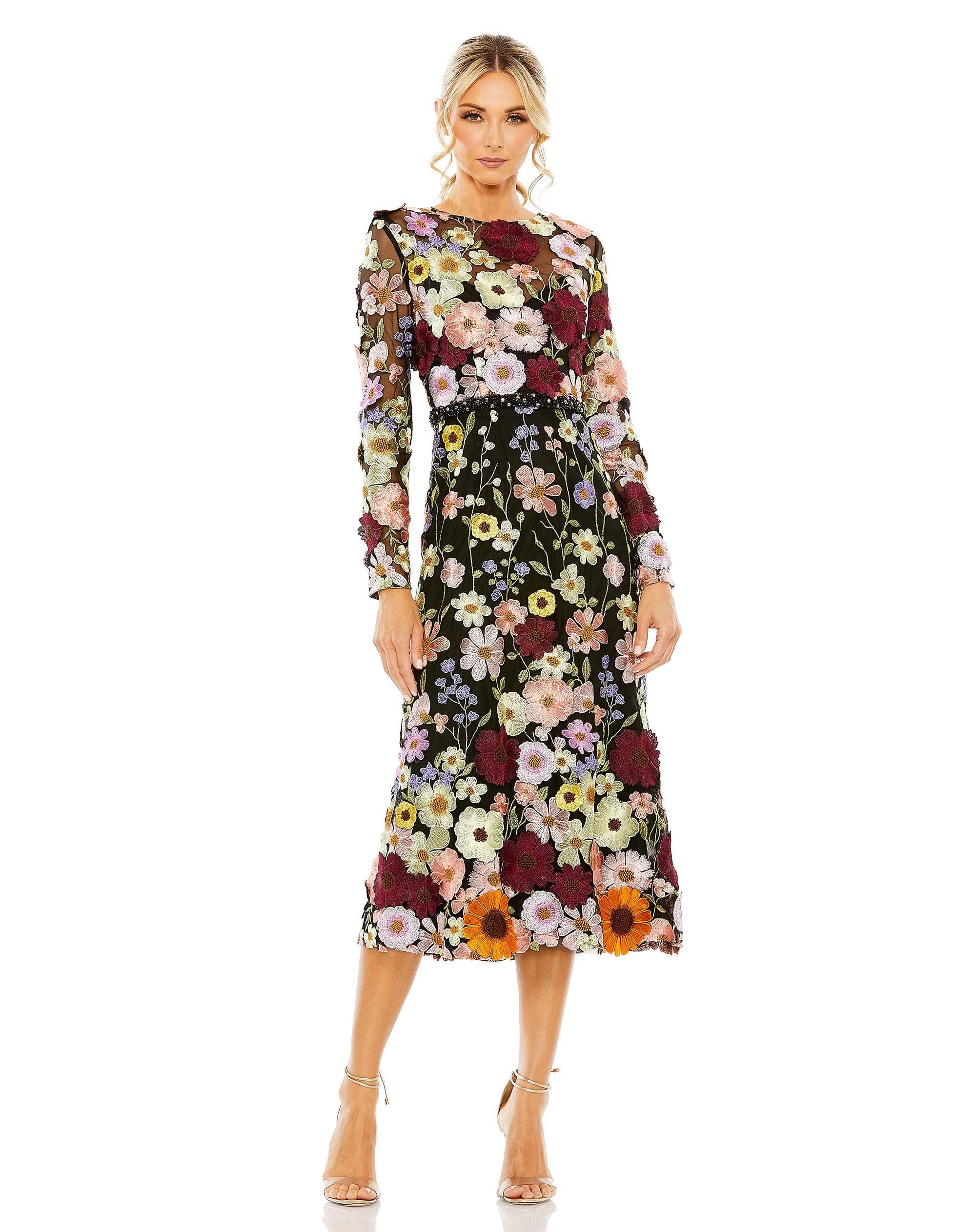 High Neck Floral Embellished A-Line Dress | Mac Duggal