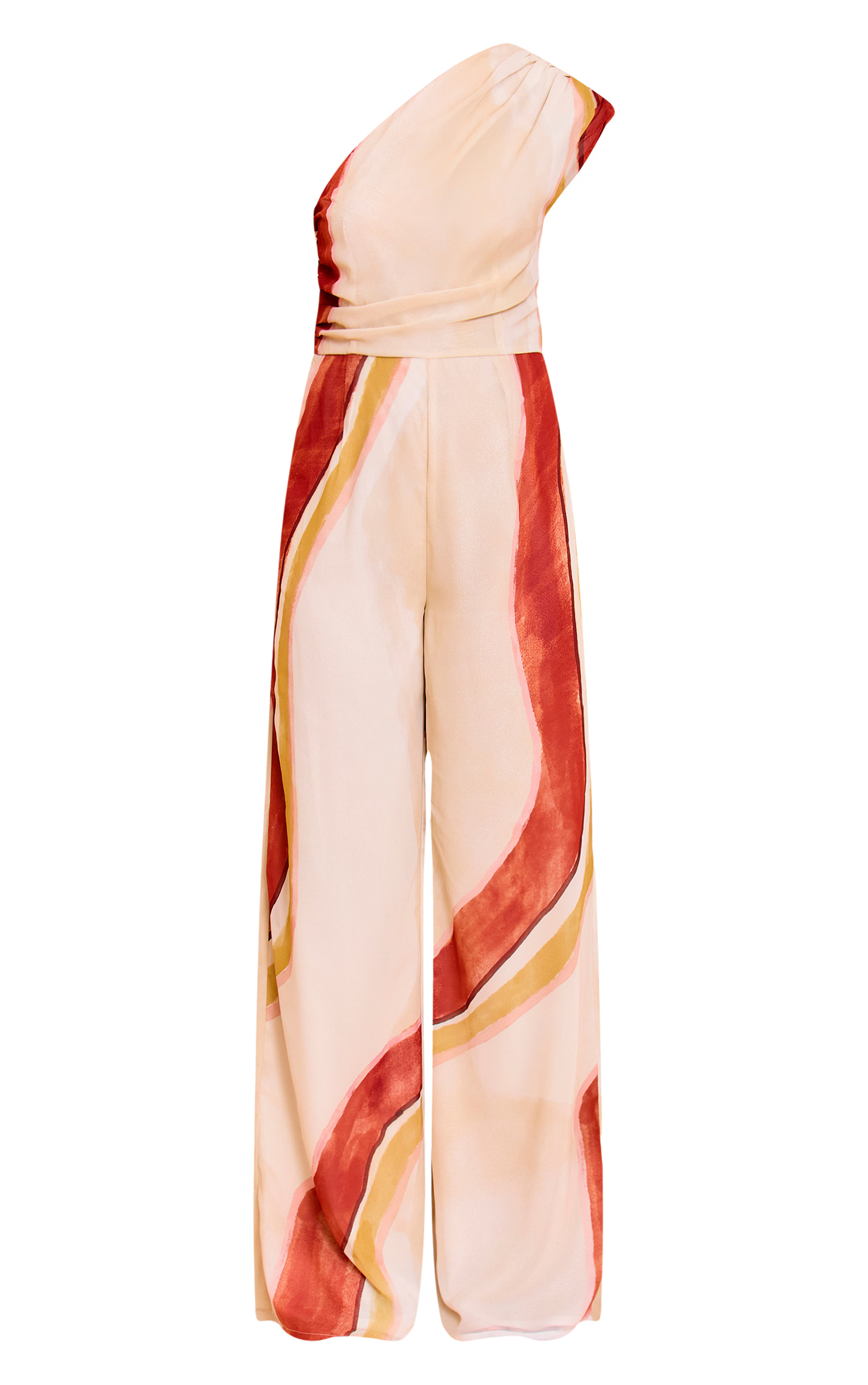 Cream Abstract Chiffon One Shoulder Ruched Jumpsuit | PrettyLittleThing US