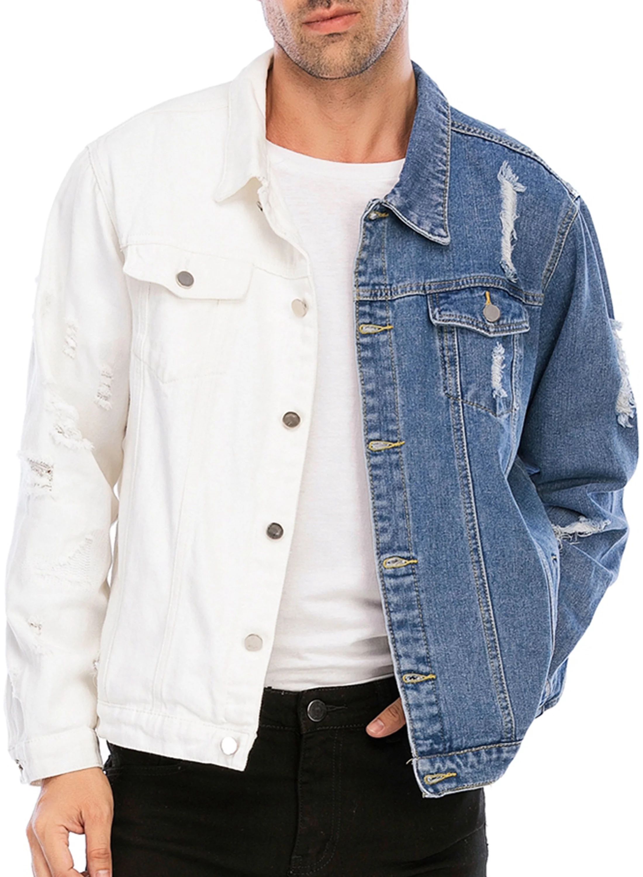 LZLER White Blue Jean Jacket for Men Ripped Color Block Denim Jacket - Walmart.com | Walmart (US)