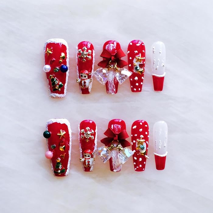 Christmas Press-On Nails, Long Ballerina Shape, Red and White Design with Snowman, Bows and Snowf... | Amazon (US)