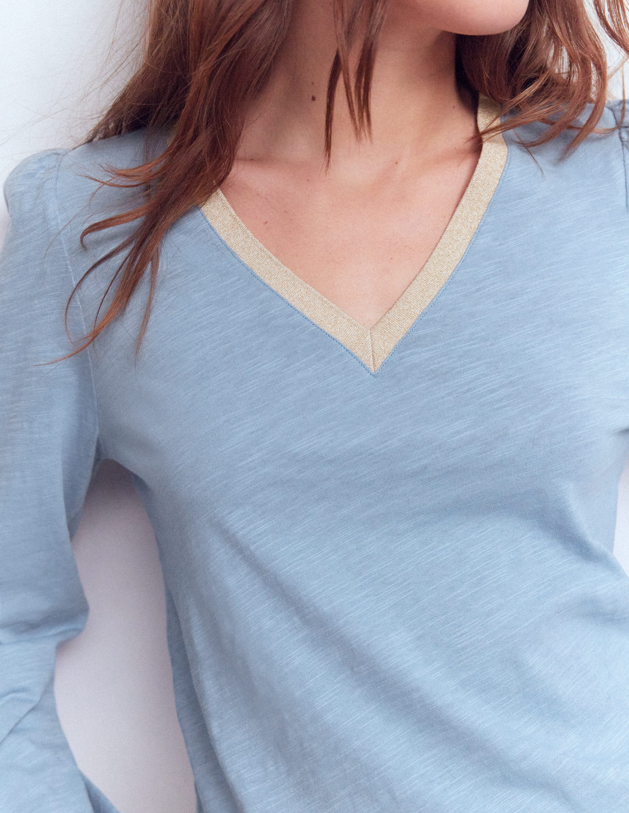 Metallic Trim V-neck Top-French Blue | Boden (US)