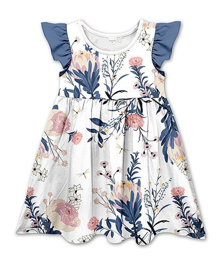 Penelope Plumm White & Dark Navy Floral Angel-Sleeve Dress - Toddler & Girls | Zulily