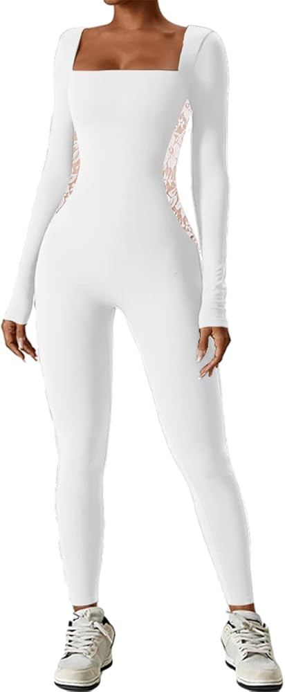 Womens Sexy Square Neck Long Sleeve Full Length Leggings Bodycon Stretch Jumpsuit Solid Gym Yoga ... | Amazon (US)