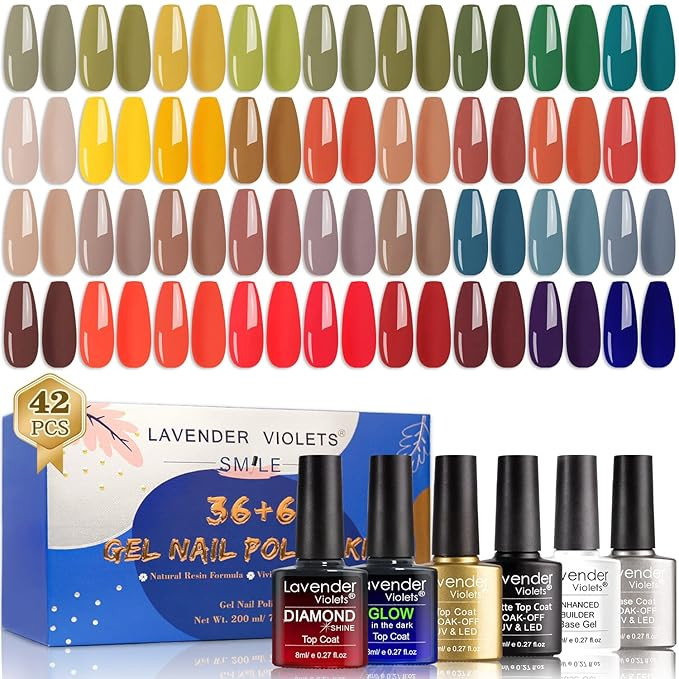 Lavender Violets 42 Pcs Gel Nail Polish Kit Set with 36 Colors Coat, 6 Bottles of Base top Coat, ... | Amazon (US)