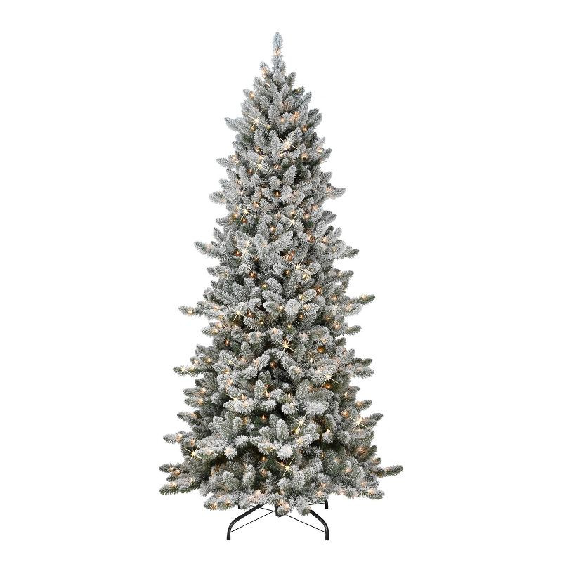 7.5ft Puleo Pre-Lit Flocked Slim Royal Majestic Spruce Artificial Christmas Tree Clear Lights | Target