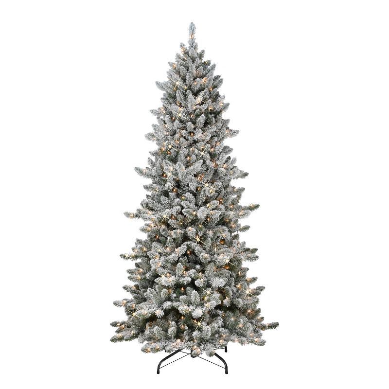 7.5ft Puleo Pre-Lit Flocked Slim Royal Majestic Spruce Artificial Christmas Tree Clear Lights | Target