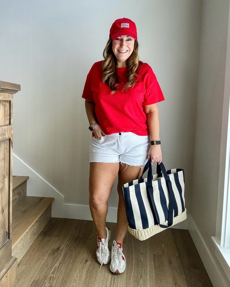 Patriotic Outfit 

Midsize Americana Casual Outift
Fit tips: Tee tts, L//shorts tts, XL// sneakers size up 1/2 size

Patriotic Outfit. Fourth of July Outfit  midsize casual outfit  summer shorts  white shorts  beach tote  striped tote Nike sneakers  patriotic hat target style

#LTKSeasonal #LTKFindsUnder50 #LTKMidsize