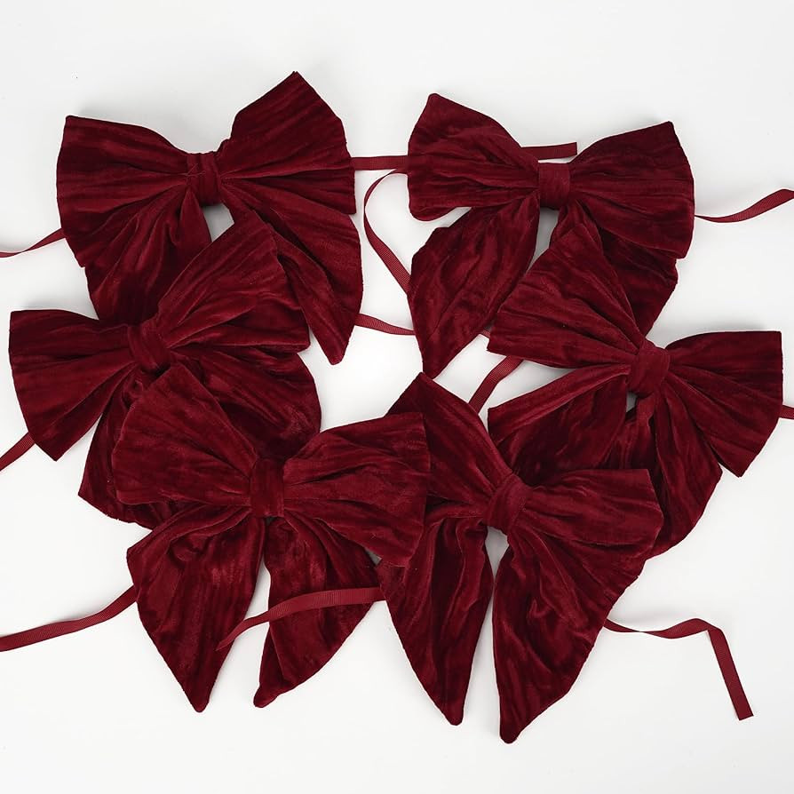 Red Crushed Velvet Bows Christmas Ornaments 7.5 inch Pre-Tied Vintage Ribbon Bows for Christmas T... | Amazon (US)