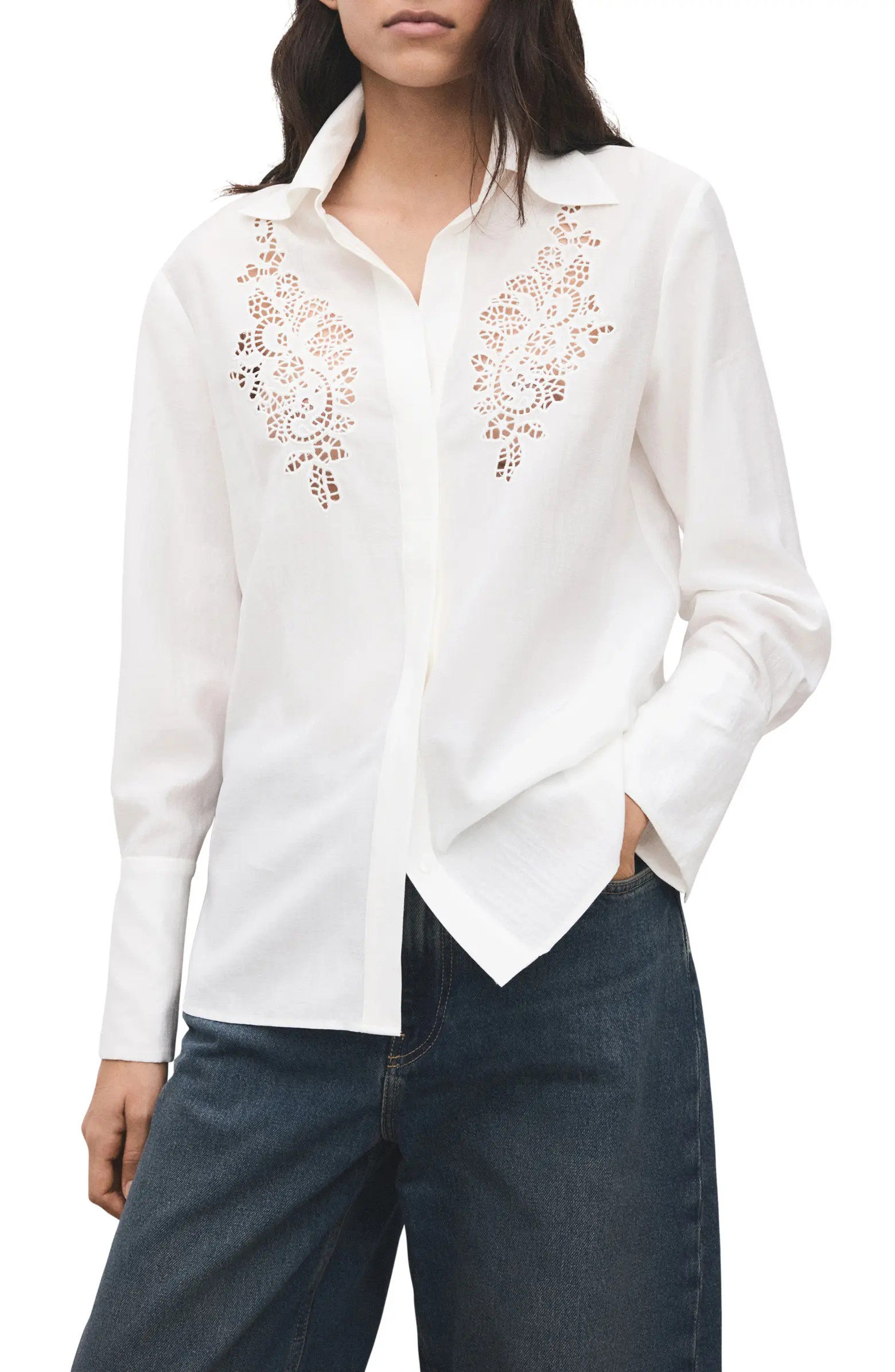 Embroidered Lace Inset Button-Up Shirt | Nordstrom