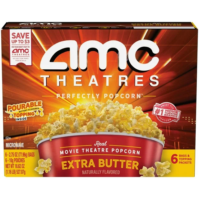 AMC Theatres Microwave Popcorn 6ct, Extra Butter, Contains Milk | Walmart (US)