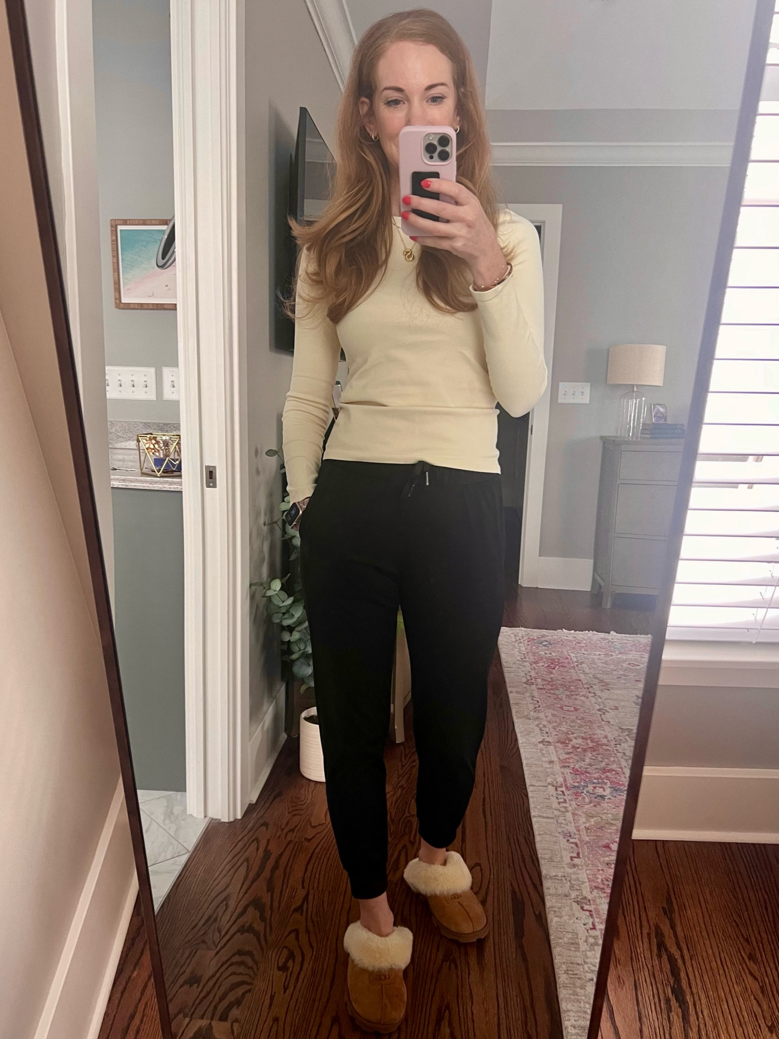 Work from home look that’s comfortable and just put together enough on top for zoom calls 😂 
I love this thick cream long sleeve top, fun initial necklace and the best joggers available on Amazon! 

#LTKfindsunder50 #LTKworkwear #LTKover40