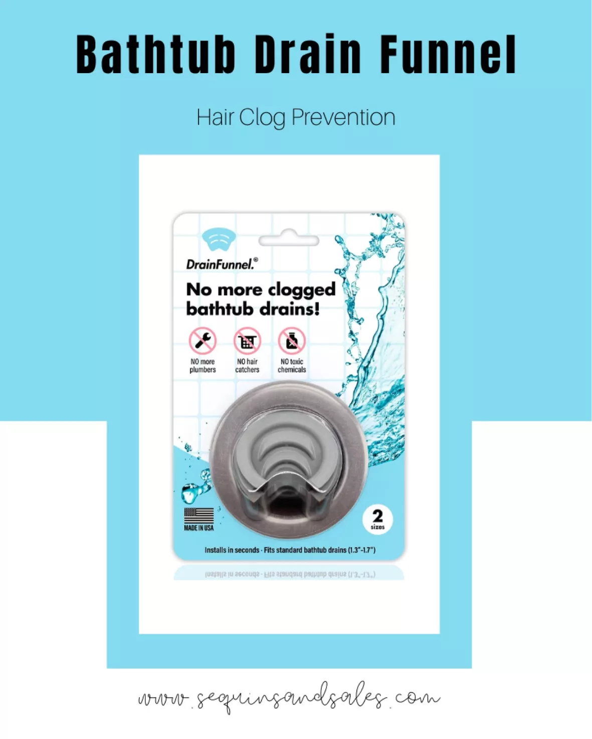 DrainFunnel Bathtub Drain Funnel for Hair Clog Prevention, 2 Size
