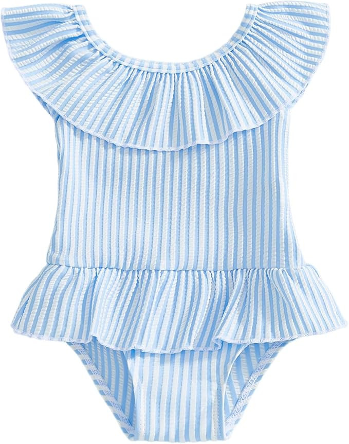 Toddler Baby Girls Seersucker Striped Sleeveless One Piece Swimsuit Bathing Suit Little Girls Ruf... | Amazon (US)
