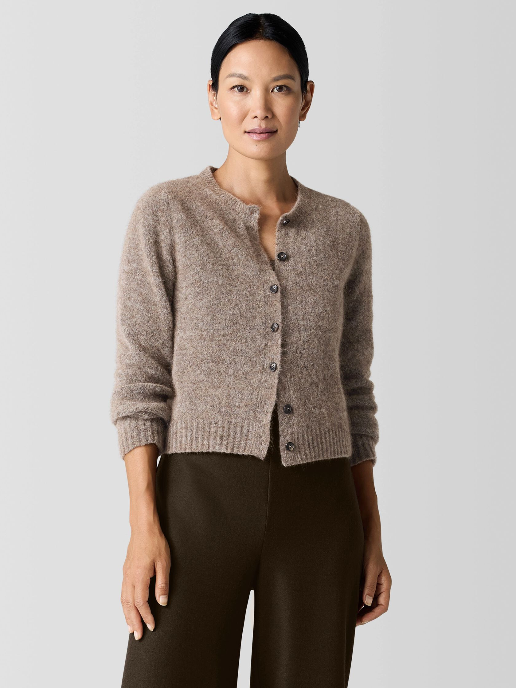 Mohair Plush Mélange Crew Neck Cardigan | Eileen Fisher