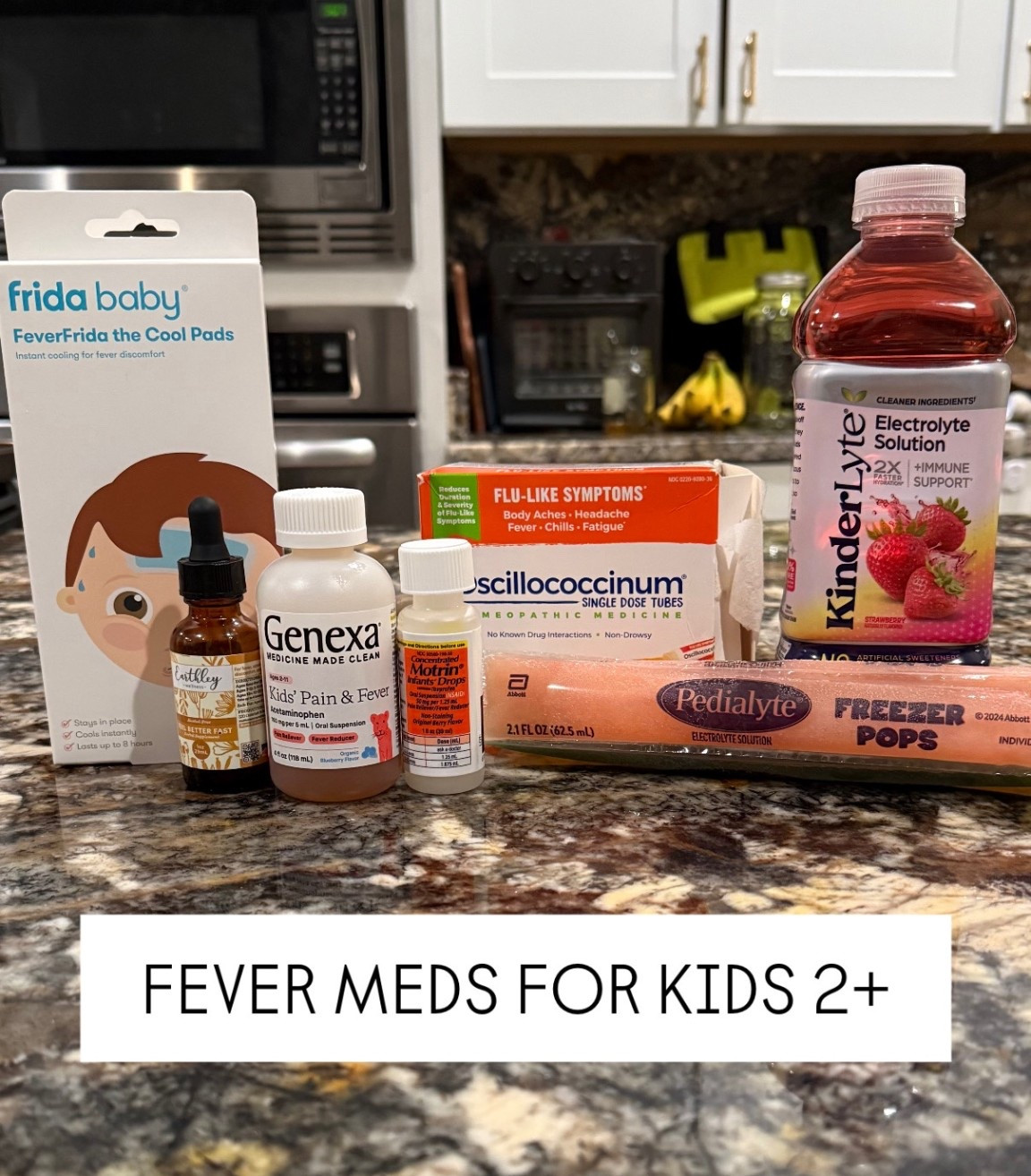 Kids 2+ meds for fever. The popular viral virus arrived unannounced. 104* fever for over 48hrs.

Here are the meds we are using and rotating every 4hrs. Genexa, Motrin, Feel better fast (not linked). This post is only for fever meds, I have other post for vitamins + immune support, cold, throat and cough meds. 

Other things we are doing: 
- Lukewarm baths 
- Lukewarm honey water to help with throat 
- LMNT electrolytes
- water with mineral salt (to help hydration) 
- KinderLyte 
- Pedialyte popsicle / I don’t personally love the ingredients but it was an emergency and he needed something. You can also make your own electrolyte popsicle or yogurt popsicles. 

As far as the thermometer, I have the forehead thermometer which I do like and seems accurate but I heard that the ear thermometer is better for accuracy. It’s on my to buy list if I ever need a new one.

Other natural remedies I’ve heard but haven’t tried: 
- The wet sock: wet a sock with cold water or apple cider vinegar, put on baby/toddler when they are sleeping and put another dry sock over it. If you have wool socks, put a dry wool sock over the wet one. Otherwise another dry sock will do. 
- put a thin slices of red onion or a thin slice of a potato inside baby’s sock. 
- cut a red onion and leave on counter top to absorb virus

Another brand I use but unfortunately can’t link here is Earthley. I LOVE everything from them. (Some of these have the alcohol, make sure it’s Alcohol-Free option if it’s for kids). 
- Feel Better Fast 
- Cough B Gone 
- Elderberry 
- Ear Ease
- Magnesium Lotion 
-Teeth Tamer 

#sickness #kids #fever 

#LTKActive #LTKmomlife #LTKKids
