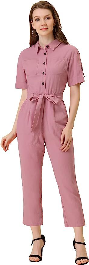 Allegra K Women's Short Sleeve Collared Cropped Coverall Button Down Tie Waist Cotton Cargo Jumps... | Amazon (US)