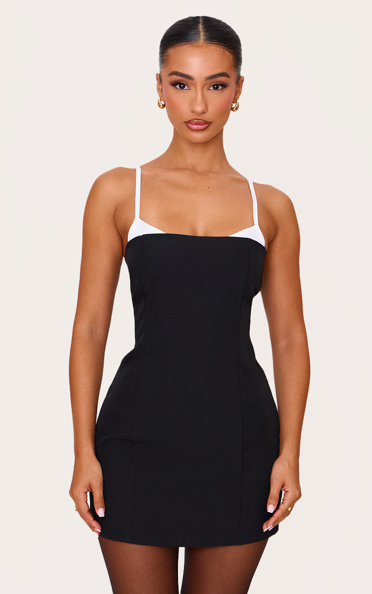 Petite Black Contrast Strappy Woven Mini Dress | PrettyLittleThing US