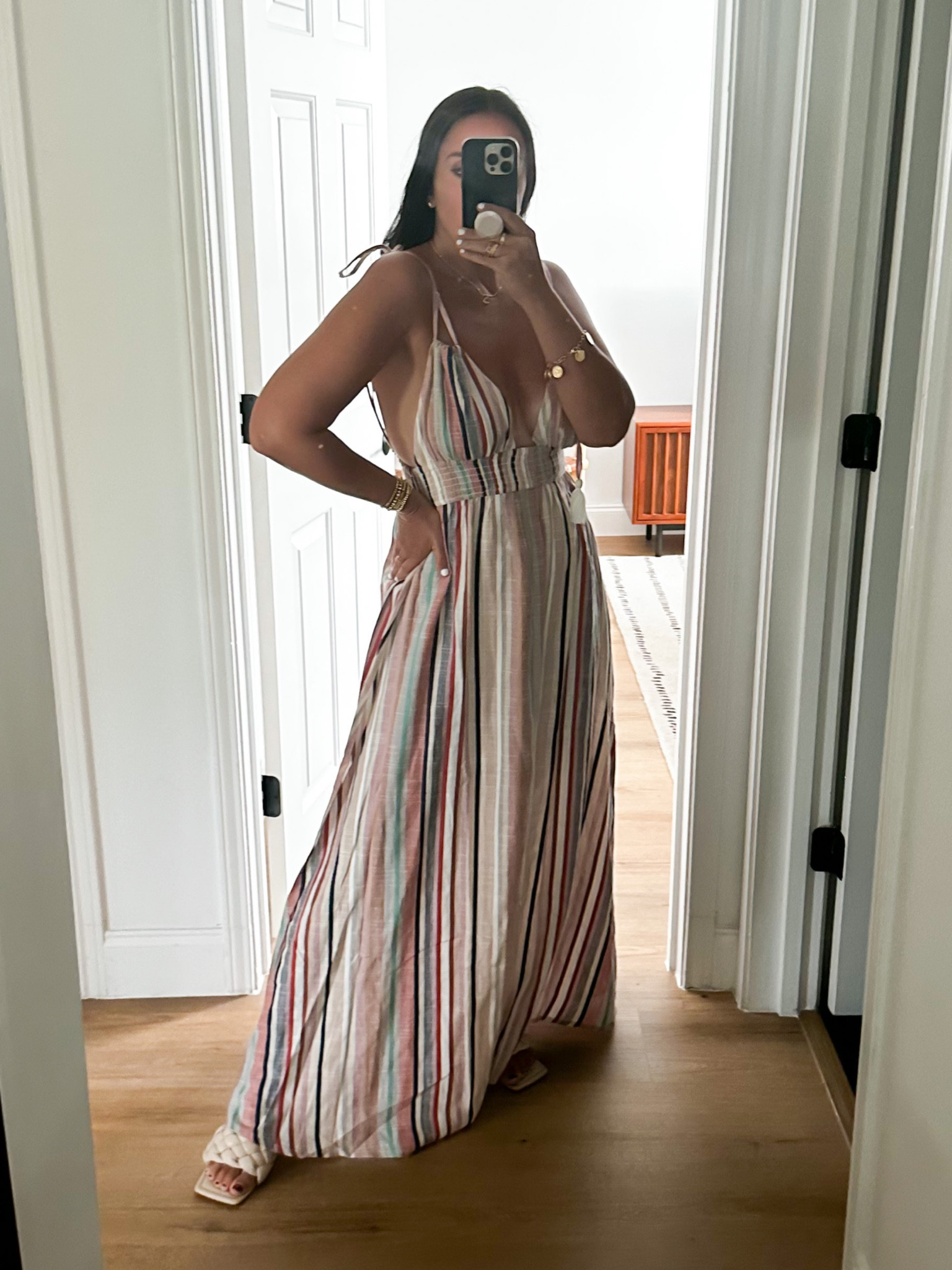 Red Dress Evermore Taupe Multi Stripe Maxi dress wearing size small