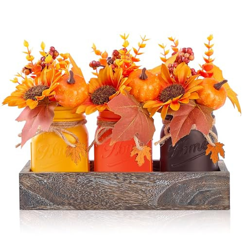 KIVIVO Mason Jar Fall Thanksgiving Centerpieces for Tables Fall Thanksgiving Table Decor, Flower, Wood Tray, Pumpkin Centerpieces Table Decorations for Home Indoor, 25 Pcs Autumn Kitchen Decor | Amazon (US)