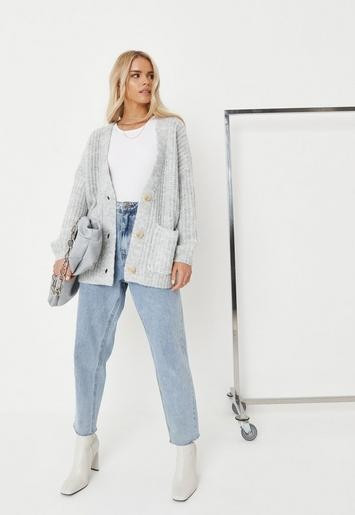 Missguided - Gray Marl Button Front Pocket Fluffy Knit Cardigan | Missguided (US & CA)