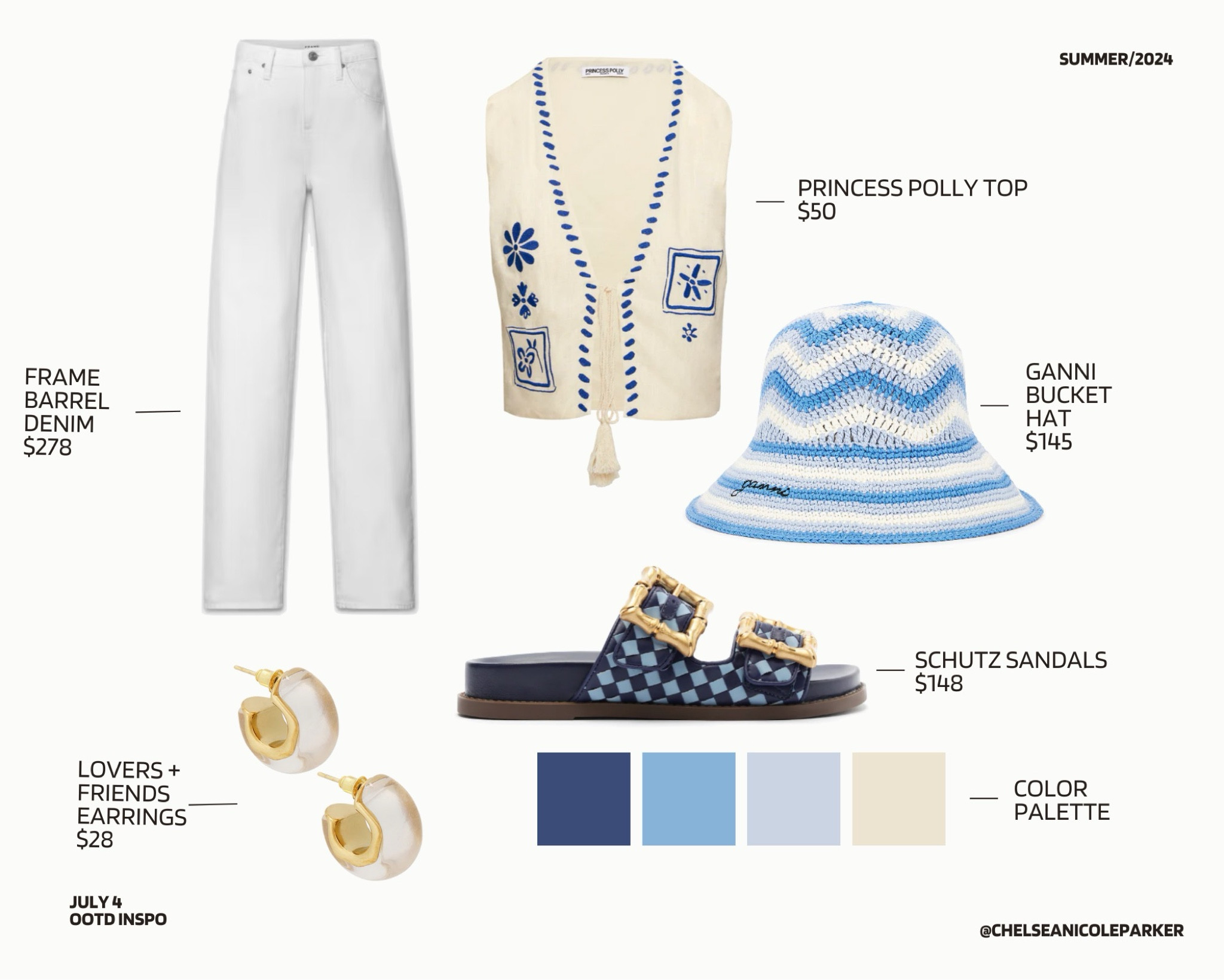 Princess Polly Tie Top Vest + Frame Denim White Barrel Leg Jeans + Ganni Blue Crochet Bucket Hat + Schutz Blue Slides Buckle Sandals + Lovers and Friends Pearl White Gold Hoop Earrings - 4th of July Outfit / July Fourth / Independence Day / USA / Summer Outfit / OOTD Inspo

#LTKSaleAlert #LTKFindsUnder50 #LTKFindsUnder100