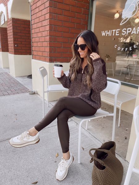 Shades of brown fall outfit 
Half zip pullover runs true to size 
Leggings are temporarily 30% off with code VIP30 (early Black Friday sale) 
Trainers run TTS 20% off with code ITSYBITSYINDULGENCES20 

#LTKsalealert #LTKstyletip