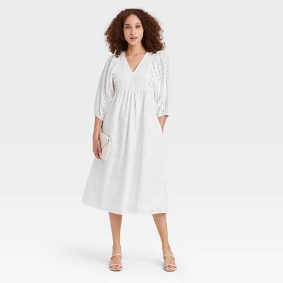 Women's Balloon 3/4 Sleeve Eyelet Dress - A New Day™ White S | Target