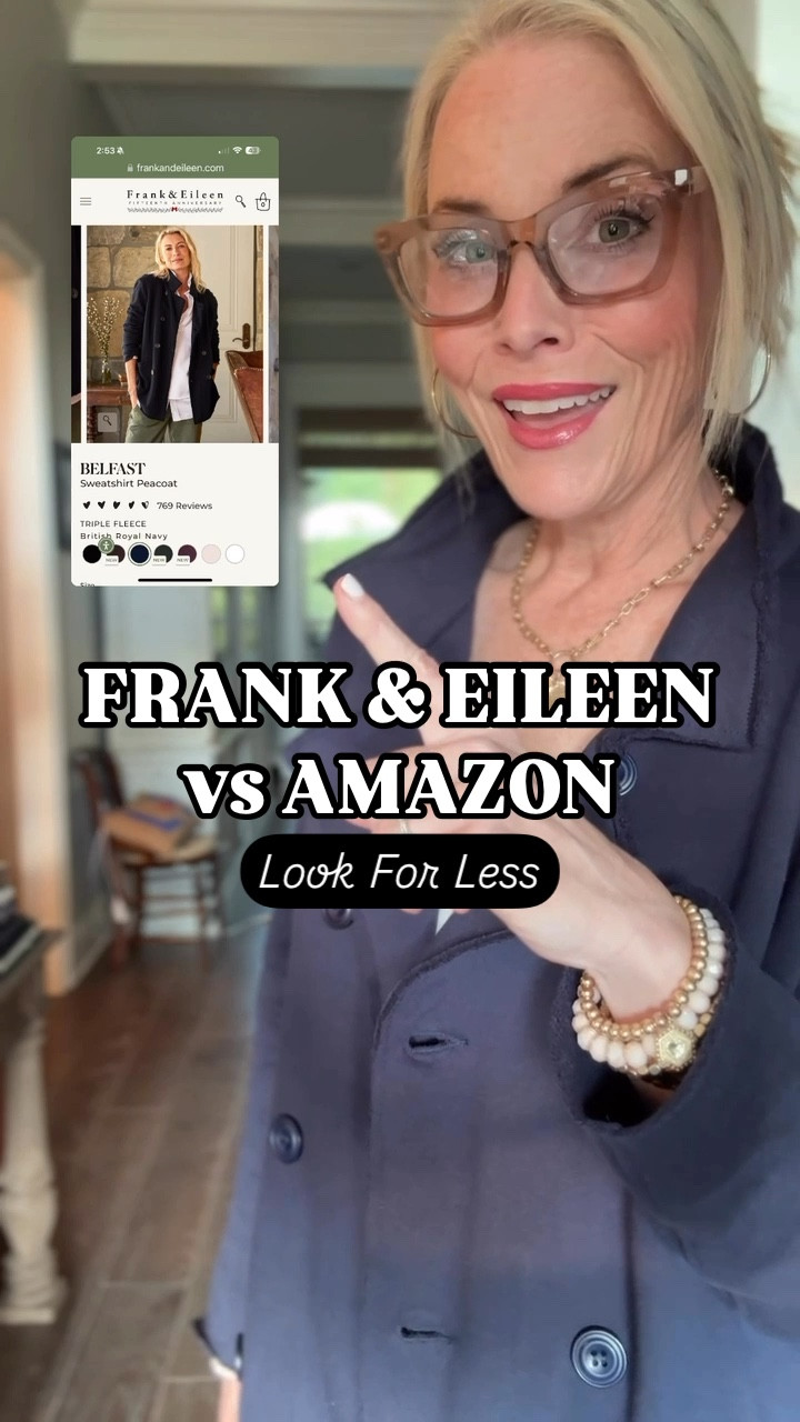 This week’s Look For Less is all about snagging that Frank & Eileen style for a fraction of the price! The Amazon version of the Belfast Sweatshirt Peacoat gives you all the chic vibes of the $348 designer jacket, but for just under $80.

✔️ Features you’ll love:
•	Raw hem for an effortless touch
•	Stretchy, relaxed fit for all-day comfort
•	Scrunchable sleeves + roomy patch pockets
•	Double-breasted button closure for a classic      peacoat feel

It’s the perfect layer for early spring, fall, or winter—and it pairs effortlessly with everything from turtlenecks to tees, jeans to leggings.

#LTKFindsUnder100 #LTKWatchNow #LTKOver40