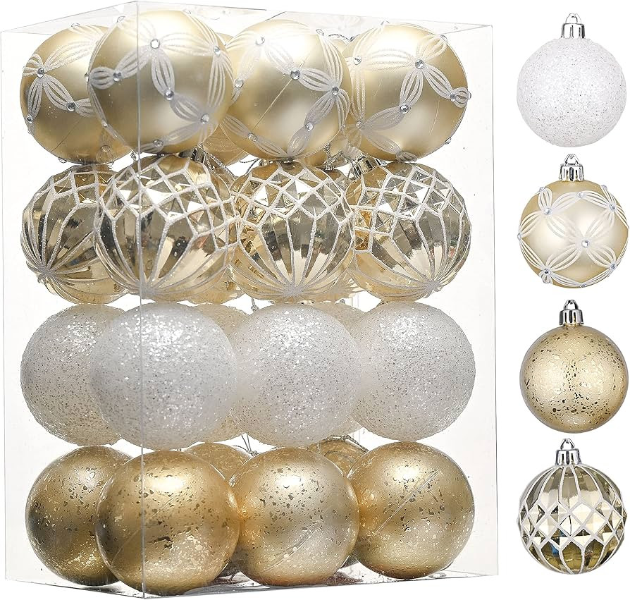 Valery Madelyn Christmas Tree Decorations Set, 24ct White and Gold Shatterproof Christmas Ball Or... | Amazon (US)