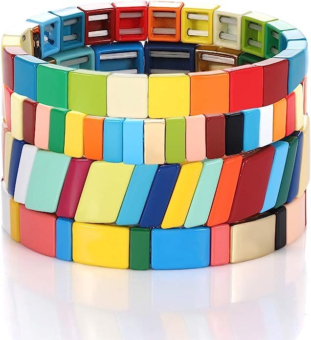 Colorful Enamel Tile Bracelet for Women Rainbow Color-Block Tile Beaded Strand Bracelet Colorful ... | Amazon (US)