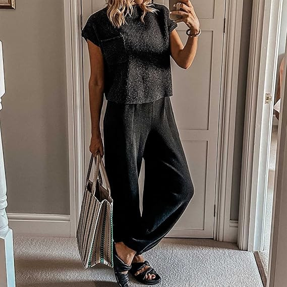 MaLinfandor Women's Knit Two Piece Outfits Sweater Sets Short Sleeve Pullover Tops High Waist Pan... | Amazon (US)