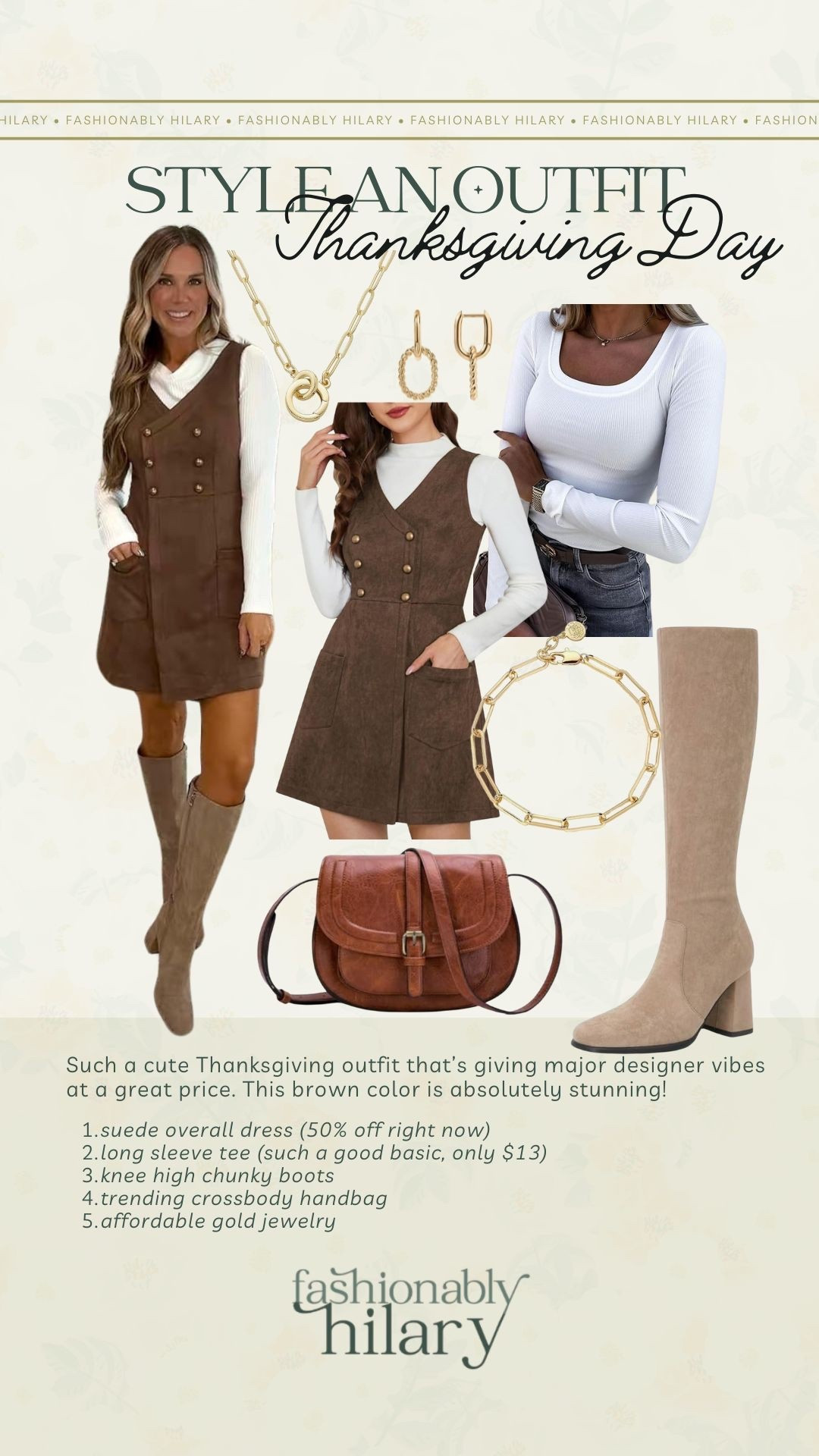 Y’all, I can’t believe Thanksgiving a little over 2 weeks away! I am in full-on Christmas mode over here, but I have to share this adorable Thanksgiving outfit. I’m obsessed with this suede overall dress. The for, the color and the price are all so good. 
Crossbody bag, paper clip necklace, chain earrings, suede block heel boots 

#LTKFindsUnder100 #LTKHoliday #LTKStyleTip