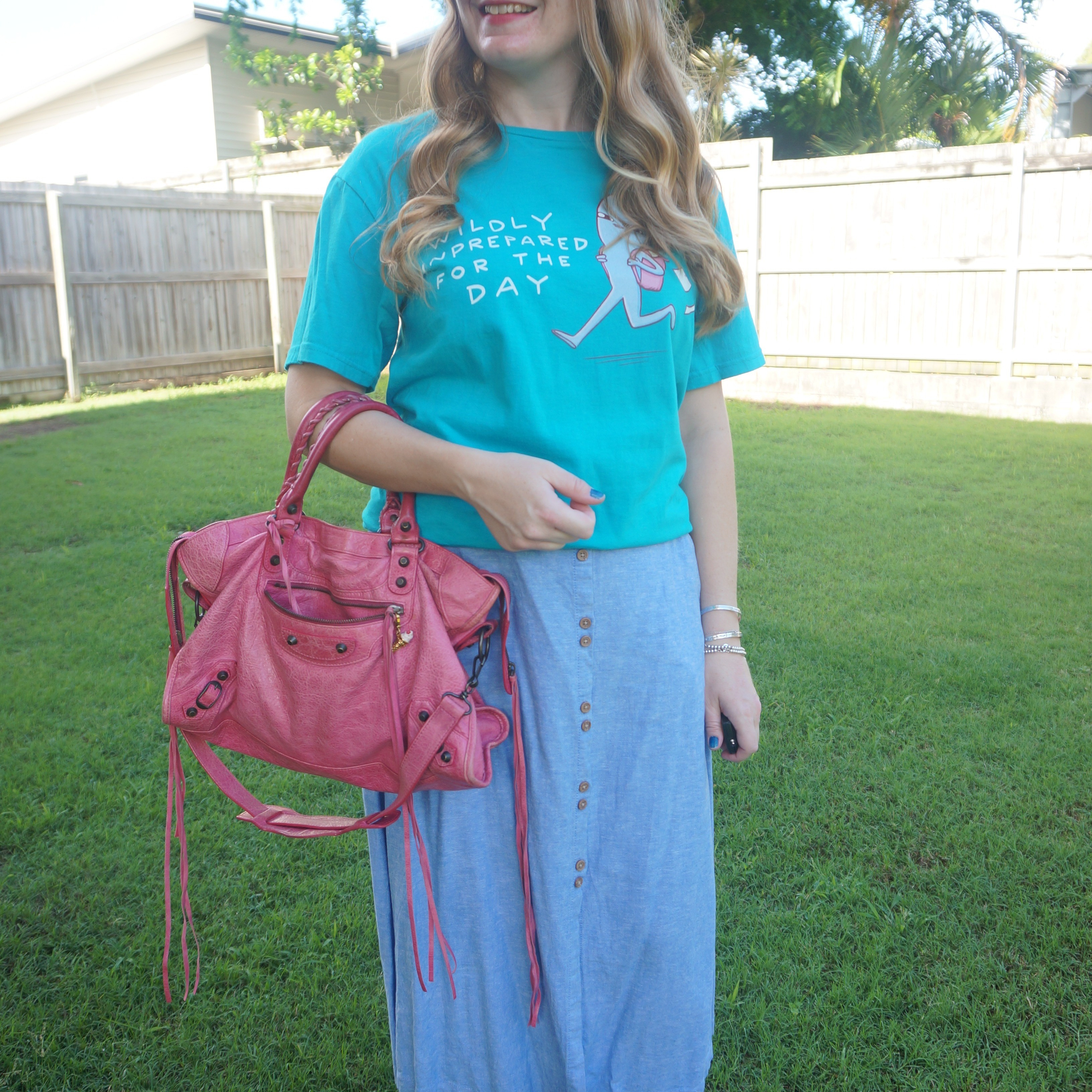 Strange planet 'Wildly unprepared for the day ' graphic tee, linen midi skirt and sorbet pink Balenciaga city bag 💕

#LTKbag #LTKsummer #LTKaustralia