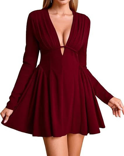 XinFSh Women's Sexy Fall Long Sleeve Mini Dress V Neck A-Line Corset Short Party Cocktail Dresses | Amazon (US)