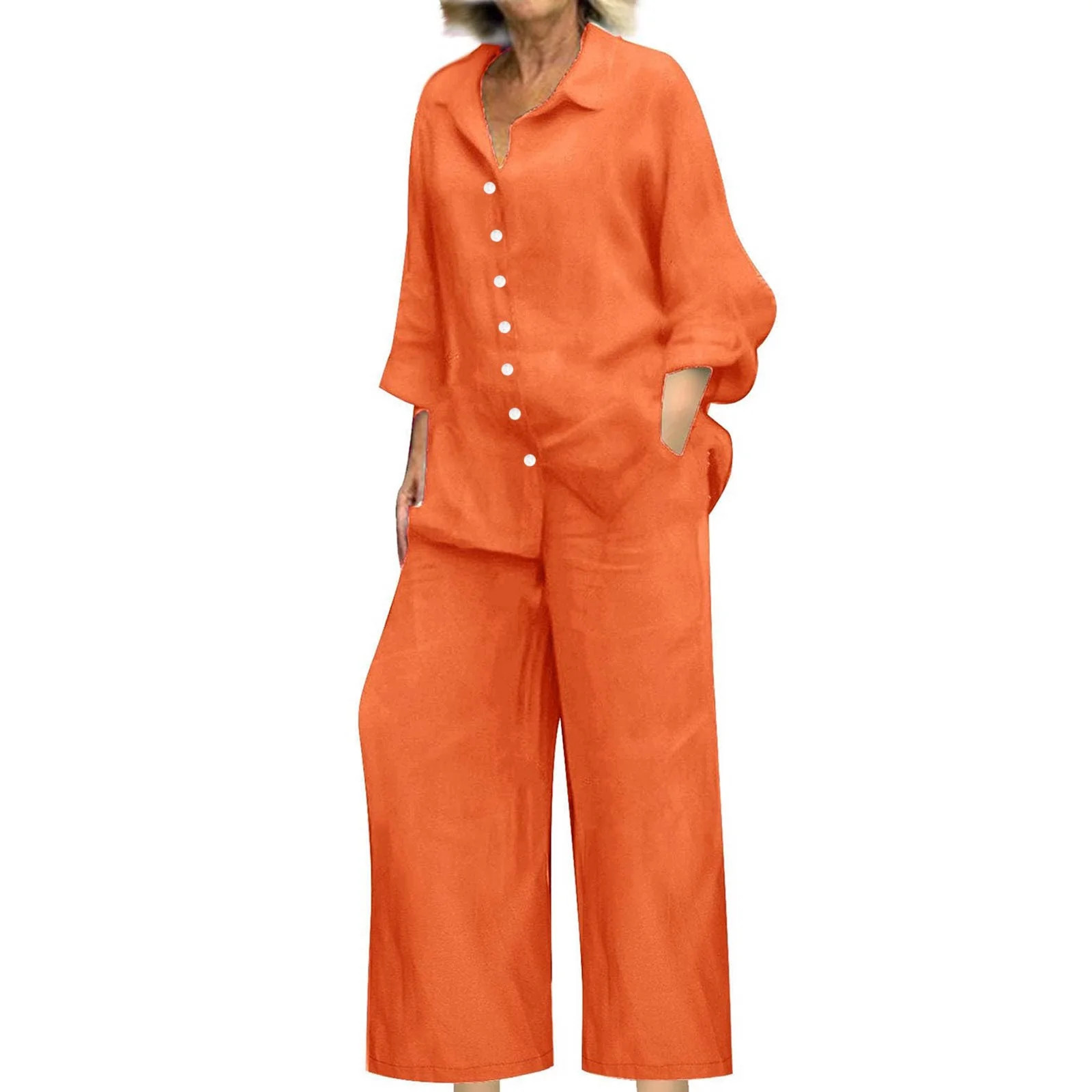 Tianiyouqing Linen Sets Matching 2-Piece Outfits for Women Long Sleeve Shirts Wide Leg Pants Set ... | Walmart (US)
