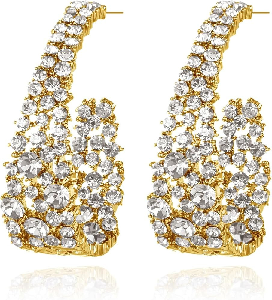 Qlady Crystal Hoop Earrings For Women, Bright Silver Plated Oval Inside Out Earring, Sparkling Mo... | Amazon (US)