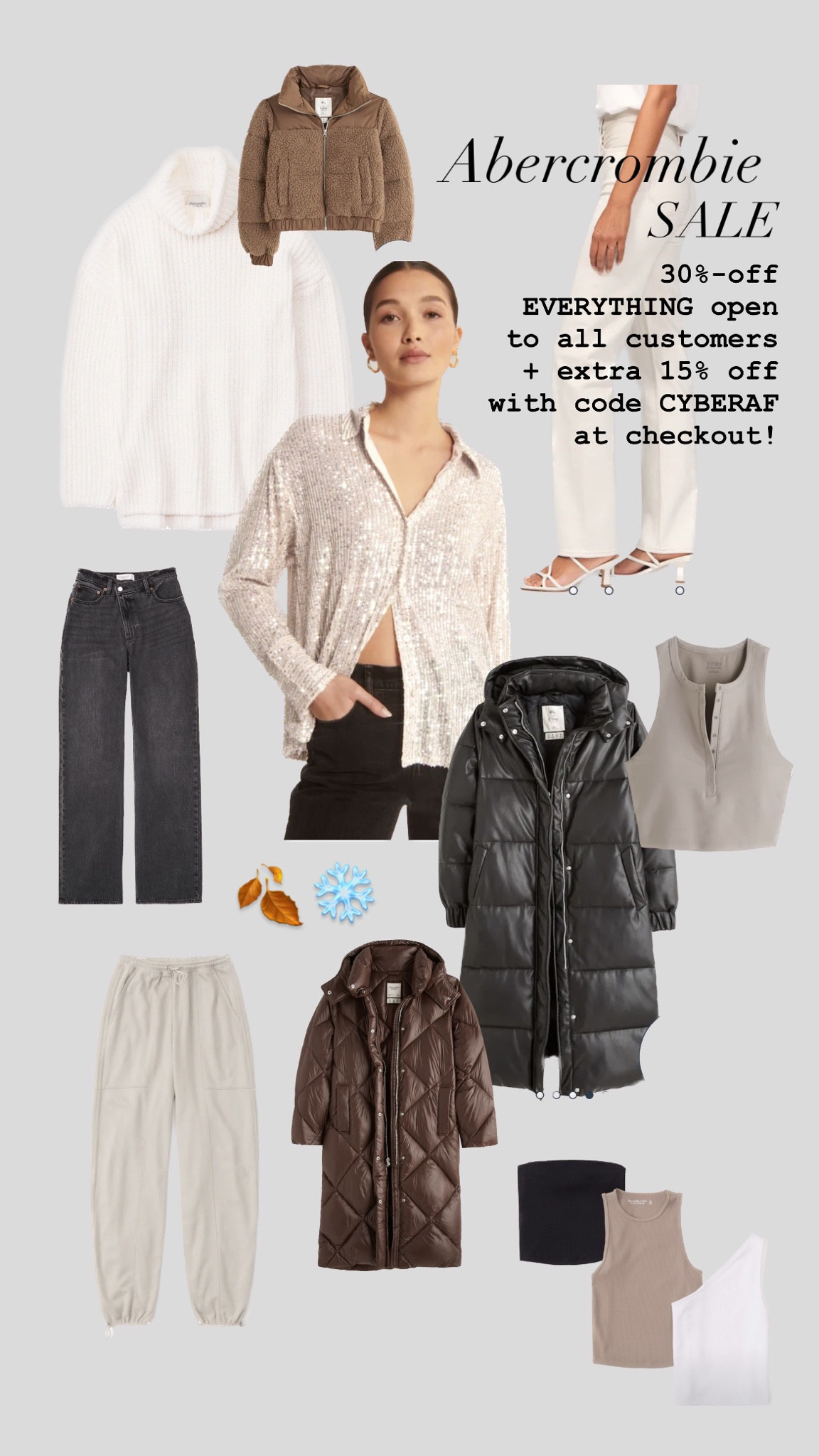Abercrombie, Abercrombie sale, winter coats, winter jackets, puffer jacket, sparkly top, sequin top, cute jeans, dark jeans, winter while pants, brown jacket, everyday basics, joggers, Christmas shopping, gift guide, holiday outfit, gifts for her, Abercrombie jeans, oversized turtleneck 