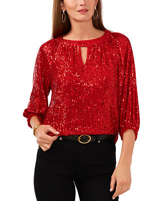 Vince Camuto Women's Sequin Keyhole Detail Raglan Sleeve Top - Macy's | Macy's