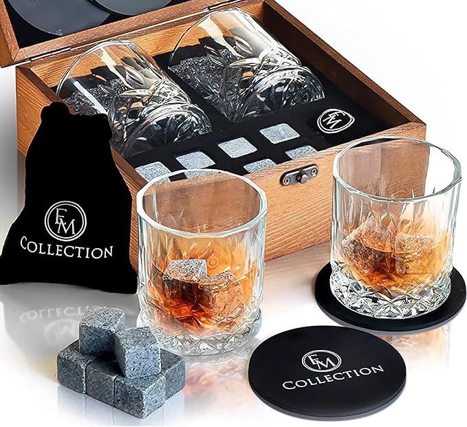 EMcollection Whiskey Galss & Stones Gift Set for Men | 8 Granite Rocks | 2 Wiskey Glasses & Velve... | Amazon (US)