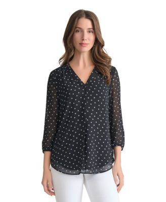 Jones New York Women's V-Neck Pleat Front 3/4 Sleeve Tunic - Jones Black, Jones White | Macy's