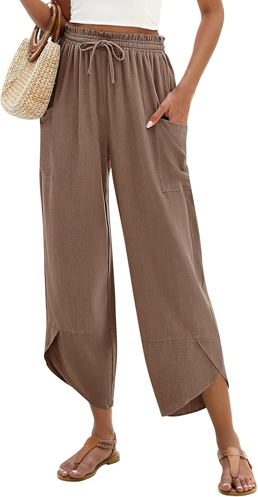LOMON Women Linen Palazzo Pants Boho Wide Leg Elastic Waisted Casual Capri Pant Summer Harem Loun... | Amazon (US)