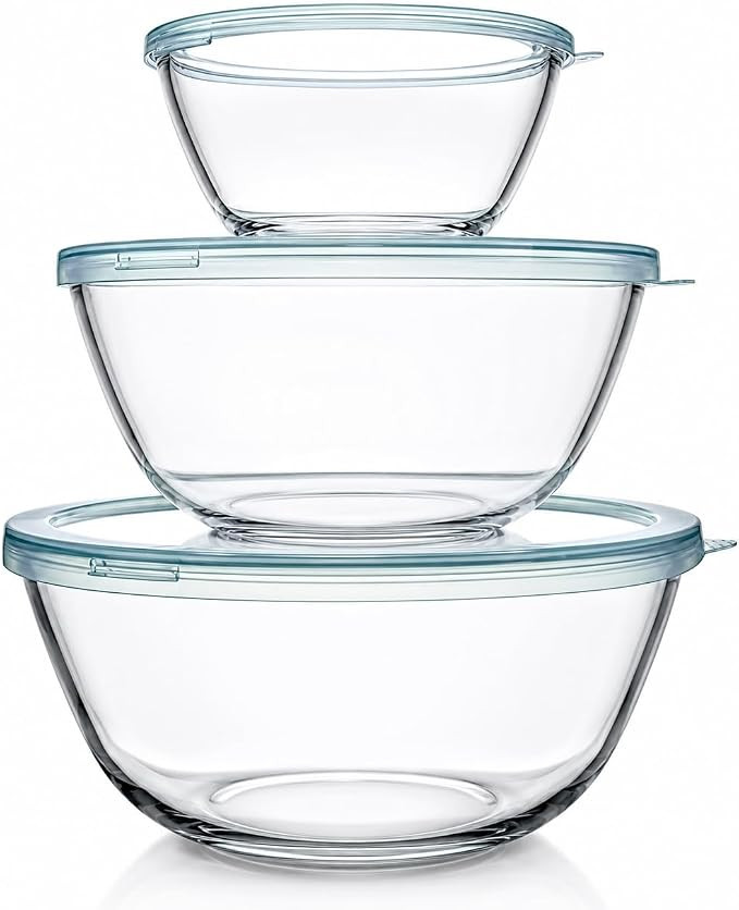 Luvan Glass Mixing Bowls with Lids Set(4.5QT, 2.7QT, 1.1QT)-Large Glass Mixing Bowls, Clear Salad... | Amazon (US)