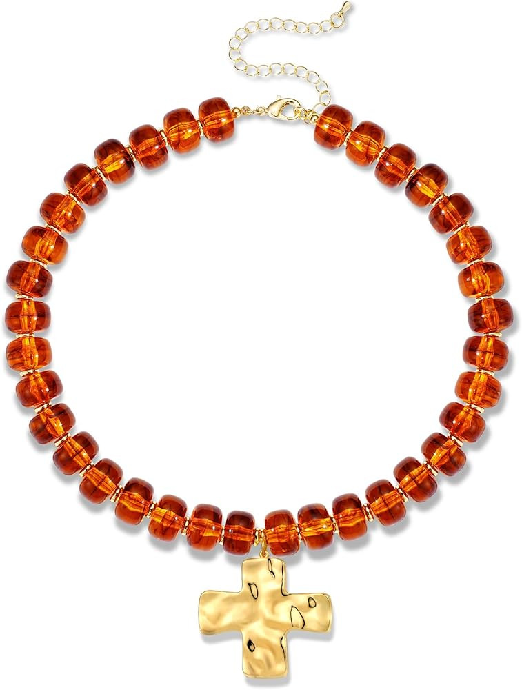 Resin Chunky Beaded Necklaces for Women 14k Gold Plated Cross Statement Necklace Large Hammered C... | Amazon (US)